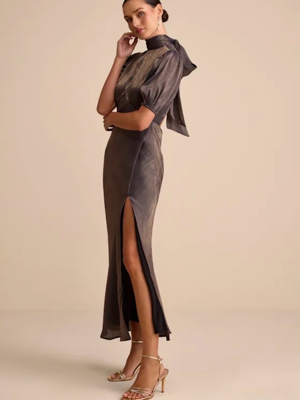 Lulu's Metallic Taupe High-Neck Maxi Dress with Puff Sleeves - Picture 7 of 9